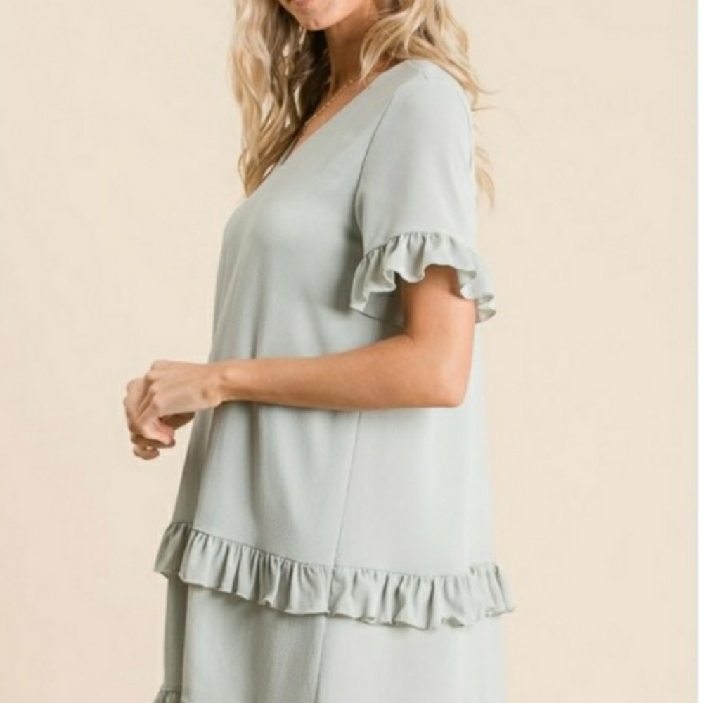 Sage Green Woven Ruffled Detailed Dress - Picture 6 of 7